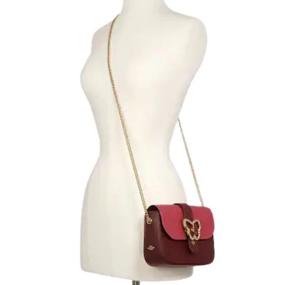COACH GEMMA CROSSBODY PURSE WITH GEM BUTTERFLY BUCKLE IN GOLD & CRANBERRY - Picture 2 of 5
